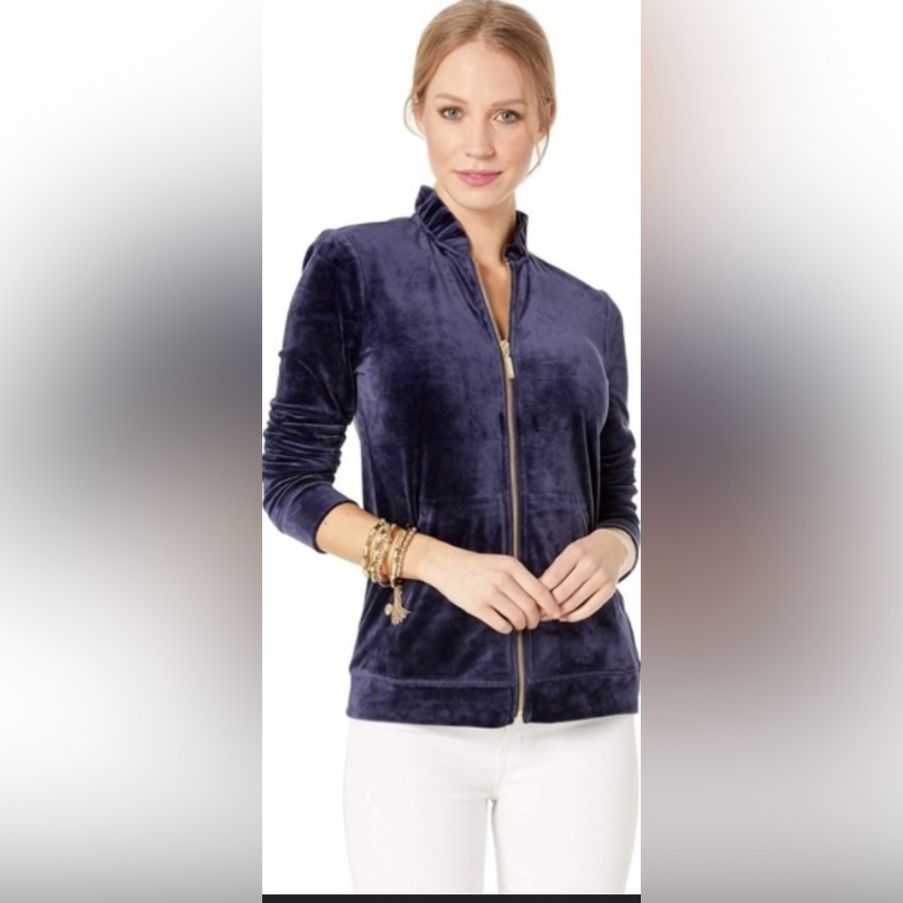 Lilly Pulitzer Women Jayla Velour Ruffle Full Zip Jacket Size L Preppy Navy